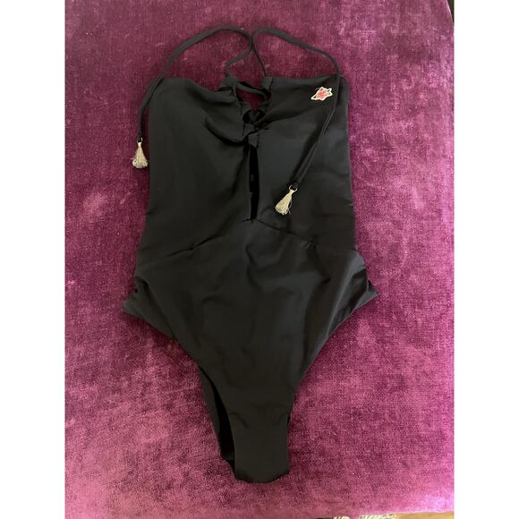 SPIRITUAL GANGSTER Black Lace Up One Piece Swimsuit Size Small S Flower Patch - Picture 6 of 6